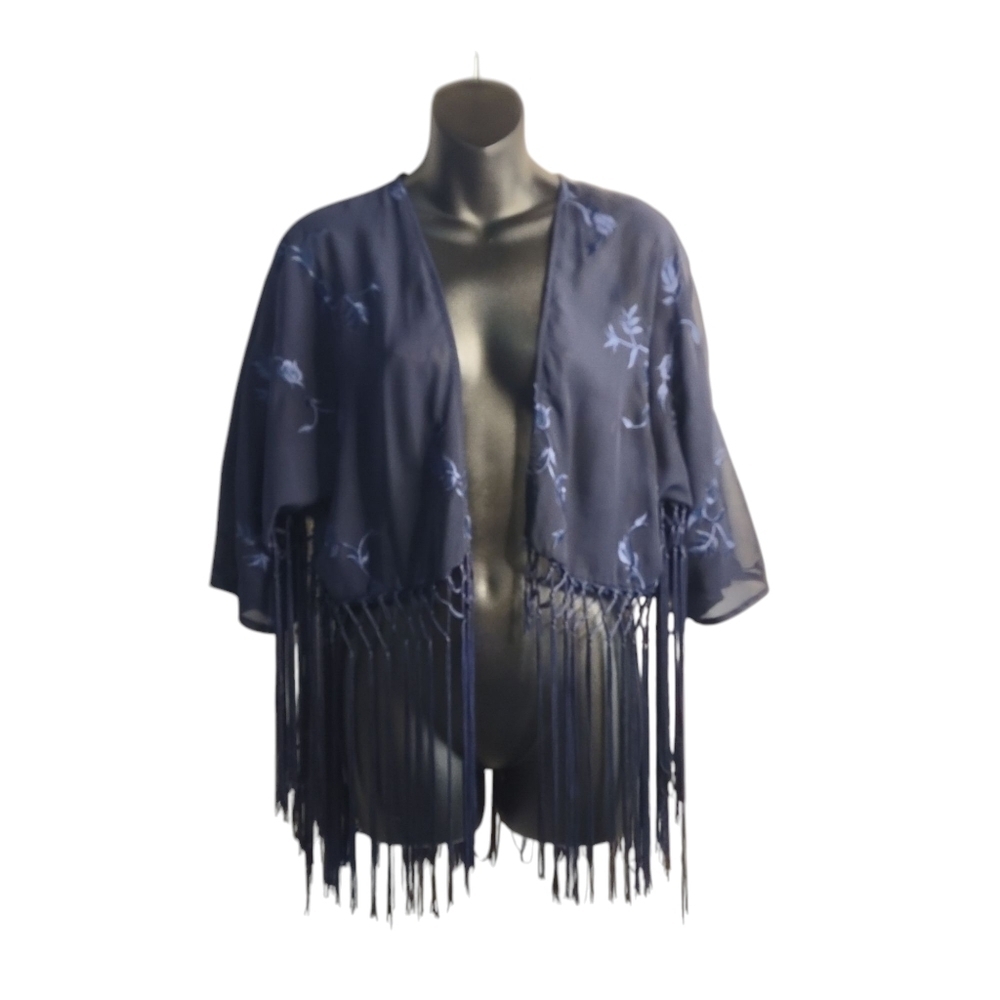 Haute Society Women's Navy Blue Embroidered Fringed Crop Top Cardigan Sz M